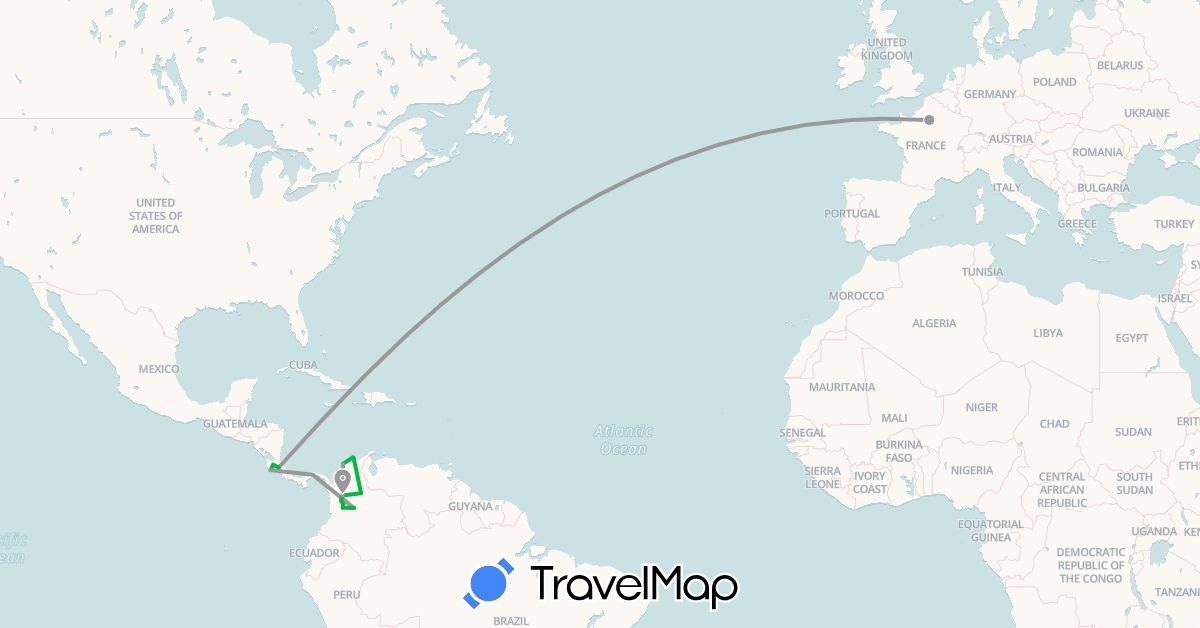 TravelMap itinerary: driving, bus, plane in Colombia, Costa Rica, France, Panama (Europe, North America, South America)